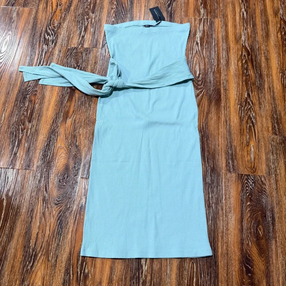 NWT Revamped Women's Light Blue Ribbed Strapless Midi Tube Dress Tie Waist Sz L - Picture 7 of 9